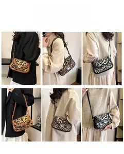 Detail view of leopard print crossbody bag showing various carrying styles and metal lock