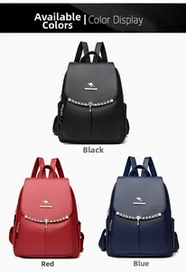 Detailed view of women soft leather backpacks in black red and blue with gold kangaroo logo