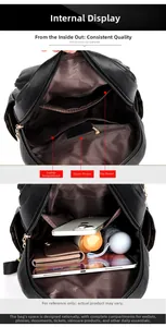 Internal compartments of the black leather backpack showing pockets for tablet and phone