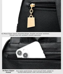 Detail of kangaroo gold zipper puller and anti-theft back pocket on black leather backpack
