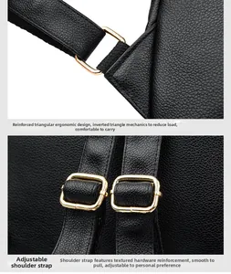 Detail of reinforced triangle stress area and adjustable straps on black leather backpack