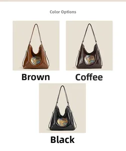 Three vintage shiny leather Hobo bags in brown, coffee, and black with colorful embroidery