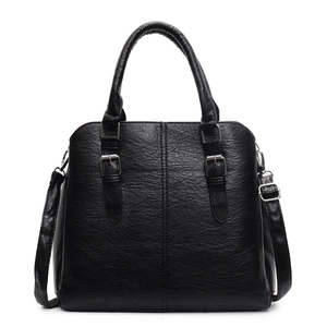 Classic black leather handbag with lychee texture and adjustable shoulder strap for women