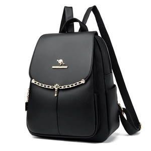 Minimalist black faux leather backpack for women with gold chain detail and kangaroo logo
