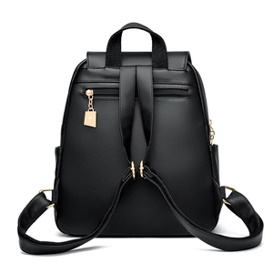 Classic black faux leather backpack with pebble texture and elegant gold hardware accents