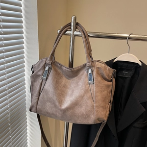 Retro coffee brown faux leather tote bag with large capacity and detachable strap