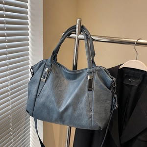 Large capacity dark grey-blue tote bag for women with natural leather texture design