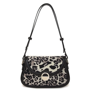 Minimalist leopard print shoulder bag with black leather trim and circular metal buckle