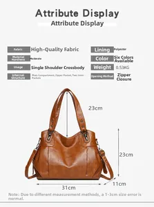 Detailed spec sheet showing the brown tote bag dimensions 31x23x11cm and internal structure