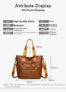 Detailed view of brown leather tote bag with dimensions and internal pocket structure