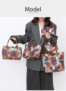Detail of 6-piece tote bag set featuring geometric patterns and brown leather handles