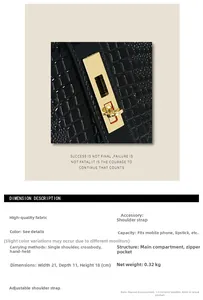 Detail of black patent leather bag with stone pattern showing 21x11x18cm size and gold lock