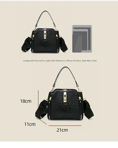 Detailed size specifications for the patent leather crocodile pattern handbag in black