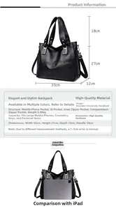 Tableau des dimensions du sac cabas en PU noir montrant la taille 33x27x12cm et les poches