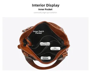 Interior view of brown PU leather tote bag showing multi-compartment storage layout
