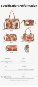 Detailed size chart for six-piece PU leather tote bag set showing various dimensions