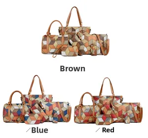 Three color sets of 6-piece geometric tote bag collection with crocodile texture