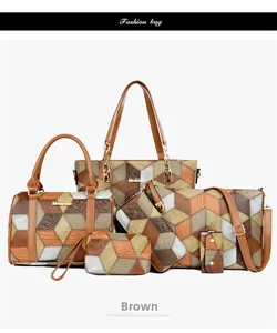 Detail of 6-piece tote bag set in brown faux leather with 3D geometric patchwork patterns
