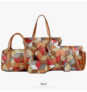 Detail view of 6-piece red tote bag set with geometric patterns and golden hardware