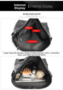 Détails de l'intérieur du sac cabas en cuir grainé noir avec compartiments et grand volume