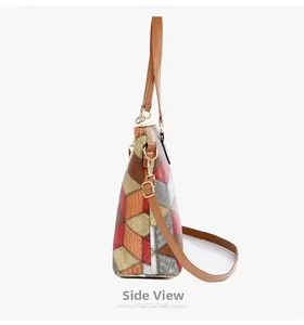 Side view of tote bag featuring multi-color geometric crocodile pattern and leather textures