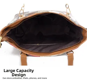 Macro view of large tote bag interior with multiple compartments and brown leather handles