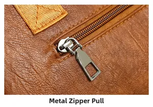 Macro shot of durable metal zipper hardware and litchi texture on brown leather tote