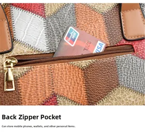 Detail of the back zipper pocket on color-block tote bag showing storage capacity