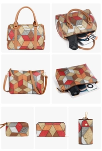 Detailed internal capacity view of geometric pattern tote bag with 5-piece storage set