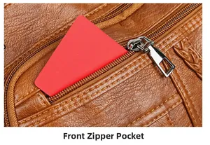 Macro detail of brown litchi leather shoulder bag showing the front zipper pocket space