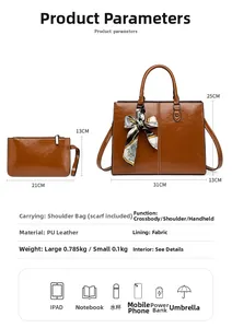 Detailed dimensions of the brown oil wax leather tote bag and inner pouch