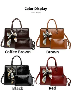 Detail showing high-capacity oil wax leather tote bags with matching zipper pouches and scarves