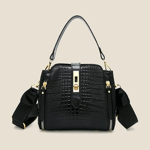 Women Handbag Crocodile Embossed PU Patent Leather Crossbody Bag With Wide Strap Gold Hardware Twist Lock