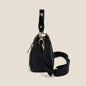 Elegant black patent leather handbag with stone texture and gold hardware for women