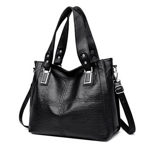 Grand sac cabas noir en cuir PU avec larges poignées et bandoulière réglable pour femmes