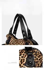 Detail of leopard print tote bag with lychee grain leather straps and metal hardware