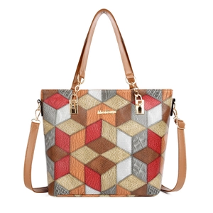 Multicolor patchwork tote bag with crocodile pattern and detachable strap for women