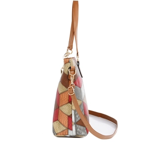 Large capacity color-block patchwork tote bag with grainy texture and top handle