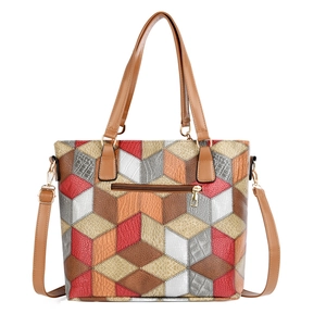 Multicolor geometric patchwork tote bag with crocodile texture and adjustable strap