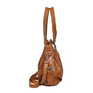 Brown vintage PU leather tote bag with lychee texture and silver metal hardware accents