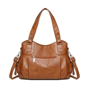 Caramel brown large capacity PU leather tote bag with shoulder strap for daily commute