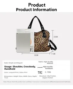 Leopard print tote bag size details 35x32x11cm with metal handles and long shoulder strap