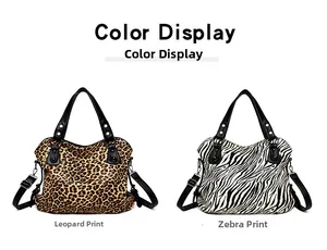 Leopard and zebra print tote bags with black leather trim and adjustable shoulder straps