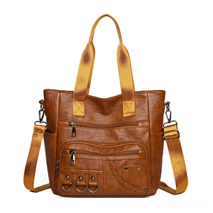 Vintage Large Capacity Tote Bag Women Multi Pocket PU Leather Shoulder Bag Retro Fashion Adjustable Wide Strap Crossbody
