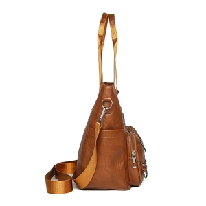 Brown vintage faux leather tote bag with multi-layer zippers and detachable shoulder strap