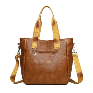 Retro brown large tote bag with striped wide shoulder strap and lychee grain texture