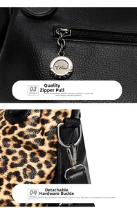 Macro detail of high-gloss silver zipper and detachable metal clip on leopard tote bag