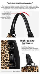 Detail of leopard print tote bag featuring premium leather拼接 and silver metal rings