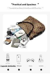 Large leopard print tote bag showing storage capacity for iPad, phone, and daily essentials