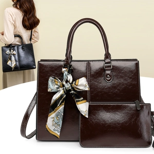 Brown vintage wax leather tote bag set with matching wallet and decorative scarf